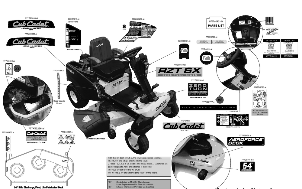 Label Map Diagram and Parts List for RZT-SX54KW (17AICBYA010)(2020) Cub Cadet Lawn Tractor